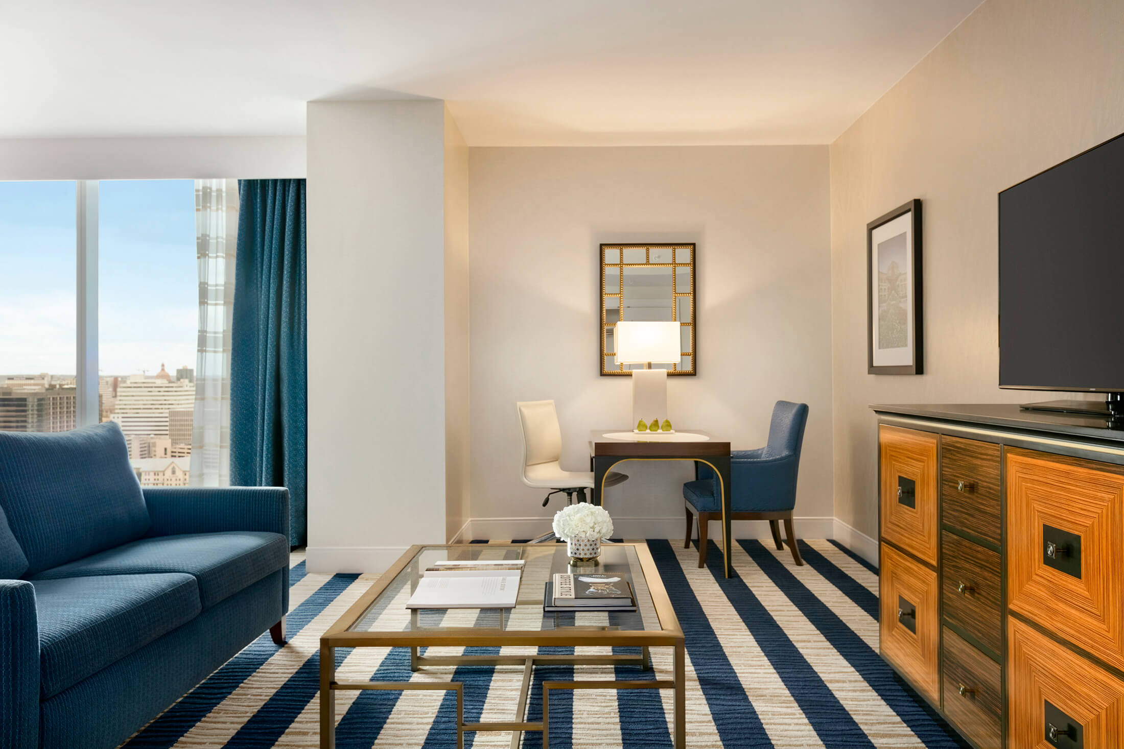 Fairmont Austin hotel suite interior sitting area.